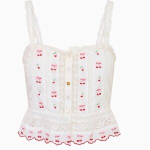 LoveShackFancy White and Pink Embroidered Tank Top